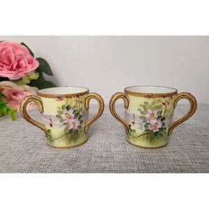 Set Of 2 Antique Hand Painted Nippon 3 Handled Cups By Morimura Brothers